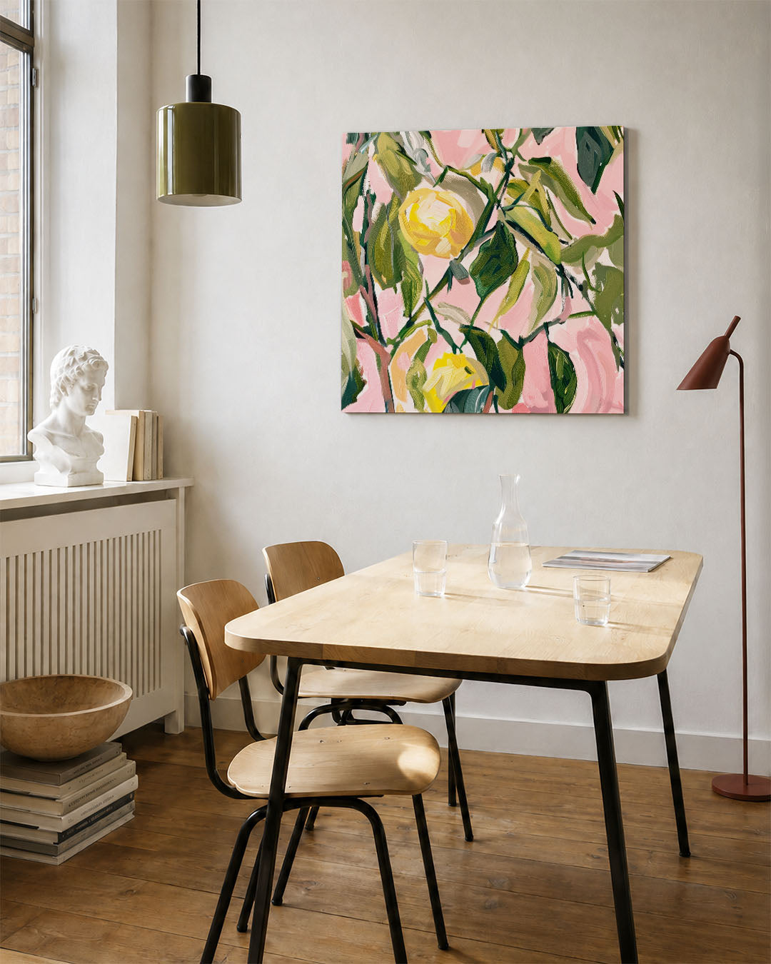 Bloemrijke expressie kunstwerk – vierkante wanddecoratie – dit kunstwerk toont een levendige compositie van roze en groene
