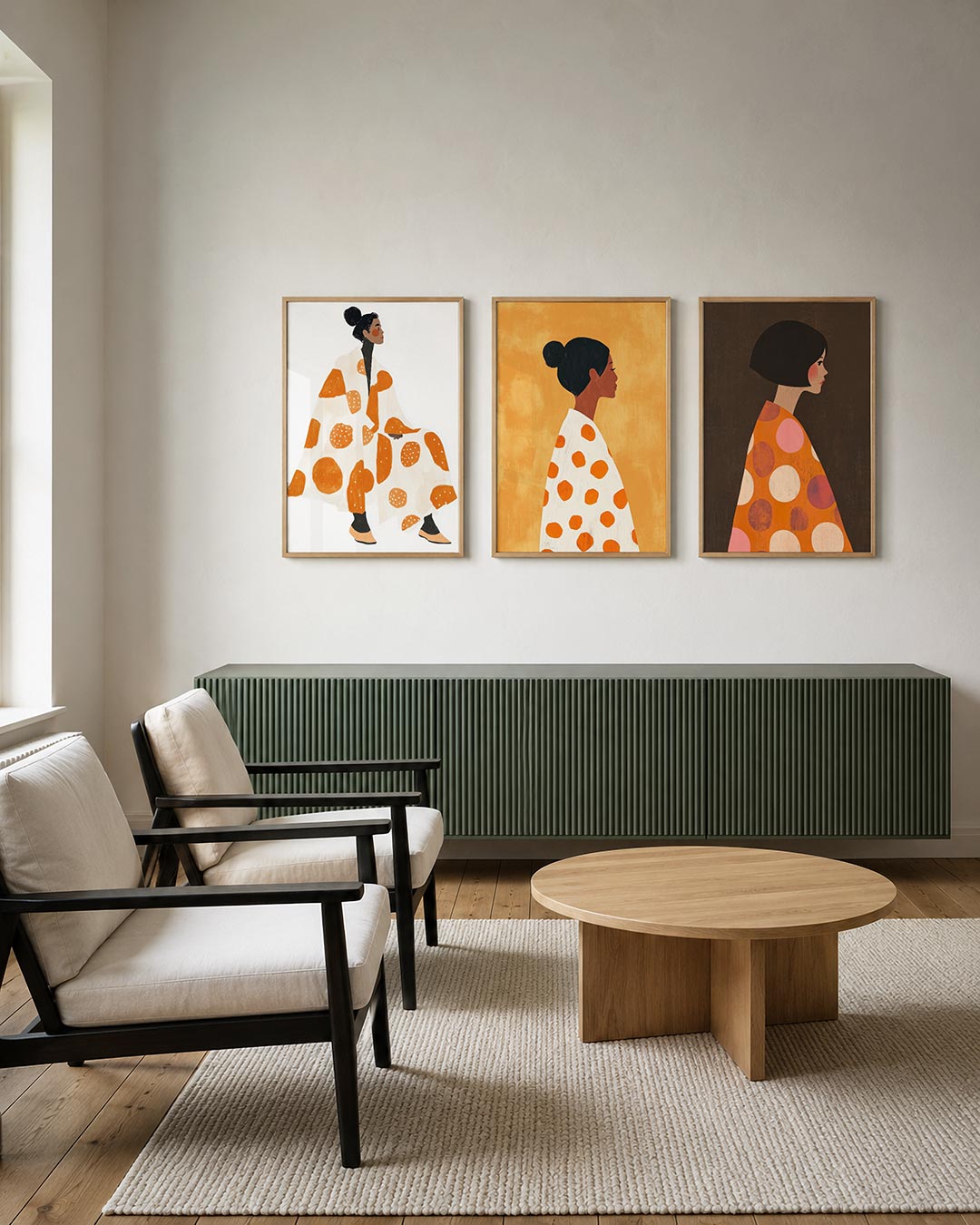 Vlekken en vormen posterset – tweede productweergave – een vrouw in een witte mantel met grote oranje stippen