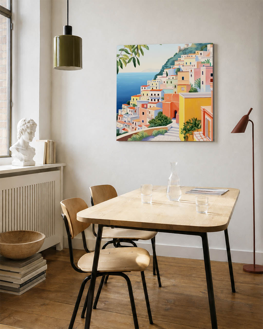 Vrolijke kusthuizen kunstwerk – detailweergave – dit kunstwerk toont een levendig kustlandschap met kleurrijke huizen tegen