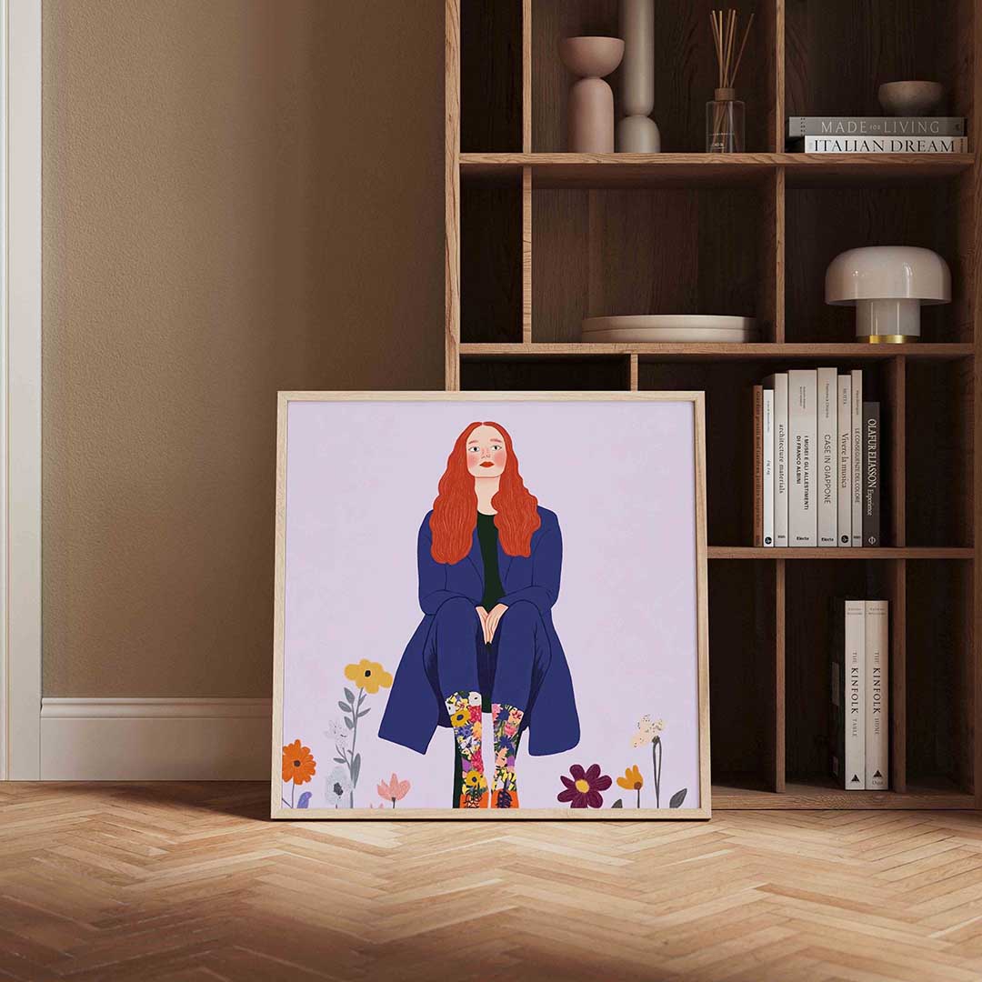 Vrouw met bloemenlaarzen – moderne poster in vierkant formaat