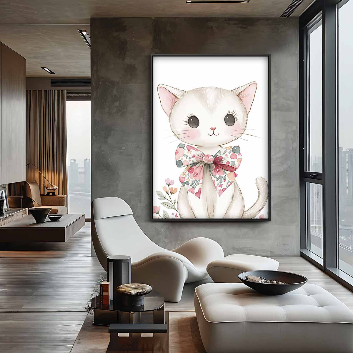 Schattige Kat met Bloemenstrik – canvas wanddecoratie in portret formaat