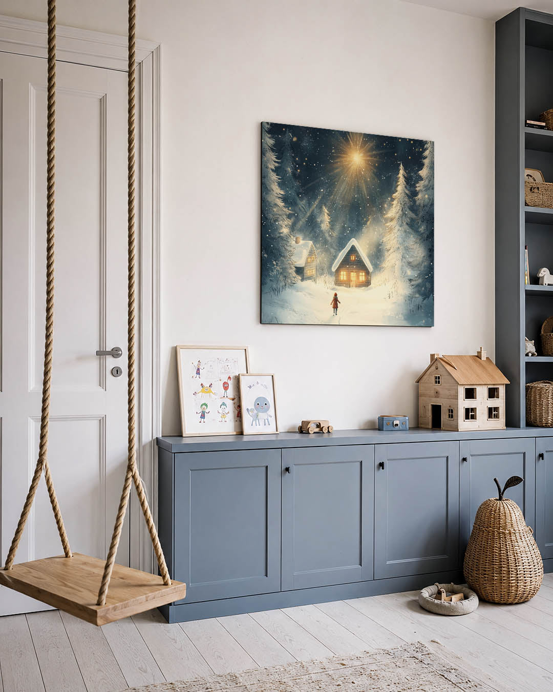 Winterse sterrenhemel kunstwerk – vierkante wanddecoratie – een sfeervol winterlandschap met besneeuwde bomen en huisjes