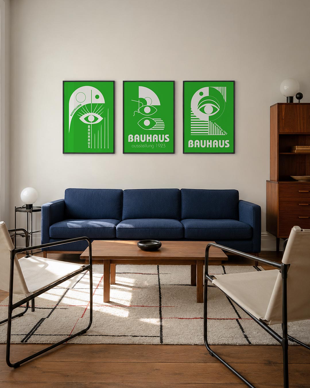 Oog en lijnen posterset – derde productweergave – een groene achtergrond met een wit oog centraal. Rechte en gebogen lijnen