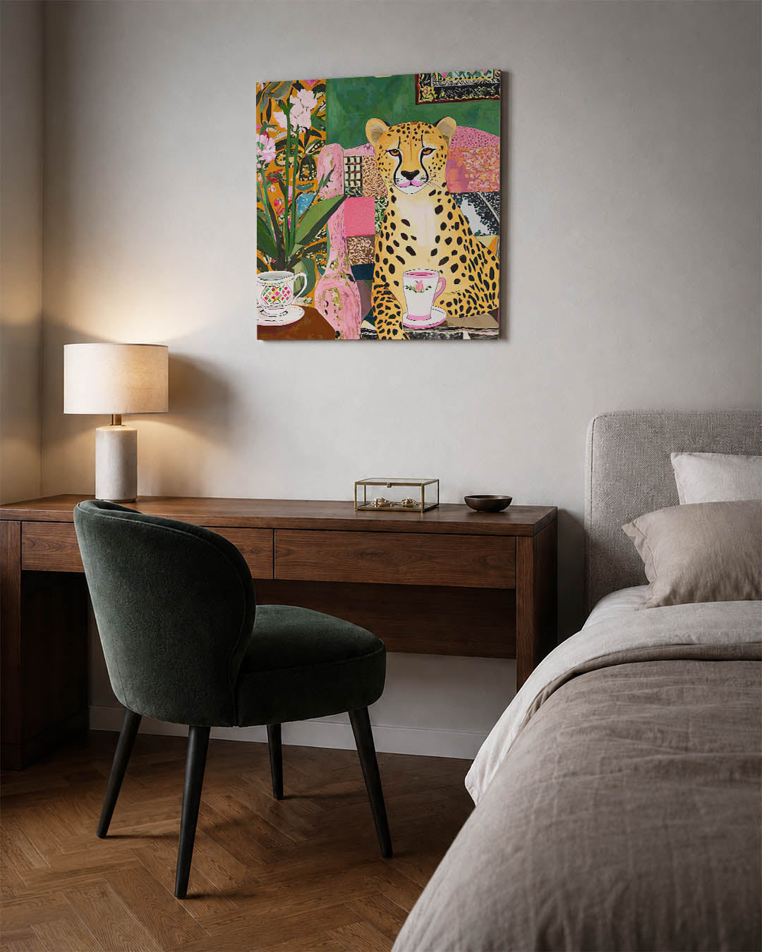 Vrolijke dierenkamer kunstwerk – materiaalweergave – dit werk toont een kleurrijke compositie met een luipaard in een