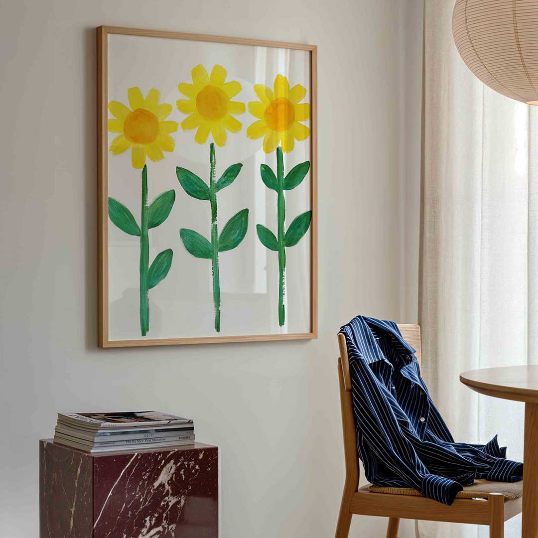 Drie zonnebloemen – bloemen poster in staand formaat