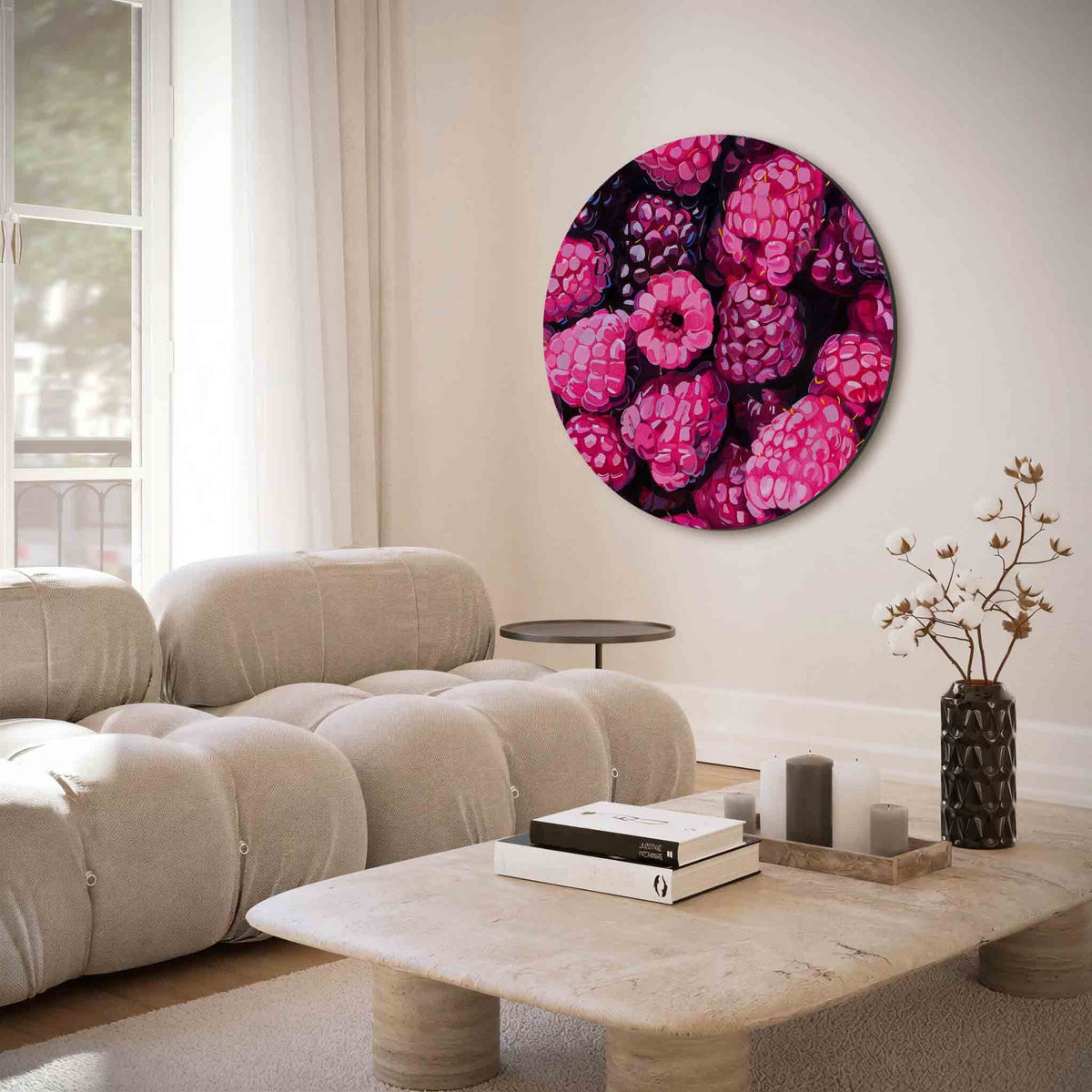 Frambozen – muurcirkel met abstracte texturen voor aan de muur