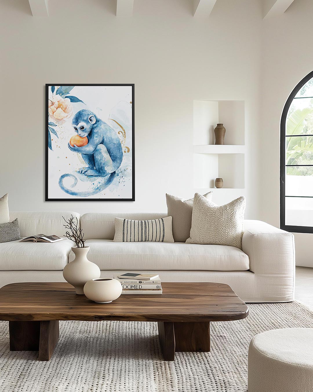 Speelse blauwe aap – staand wanddecoratie kunstwerk