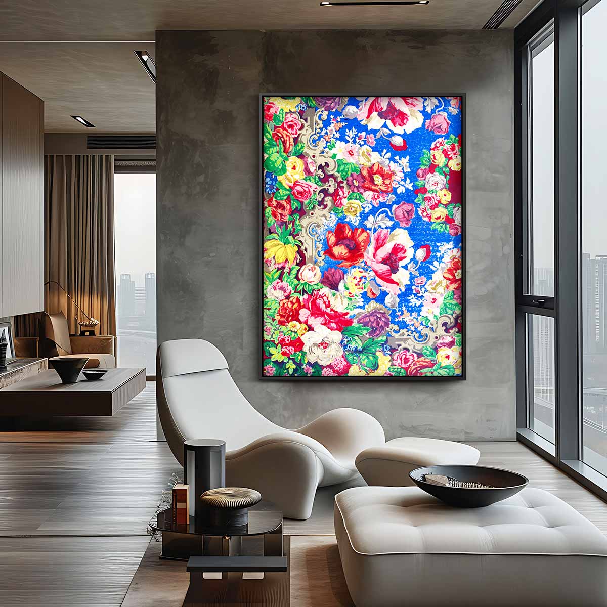 Bloemenpracht op Blauw – dibond wanddecoratie in staand formaat