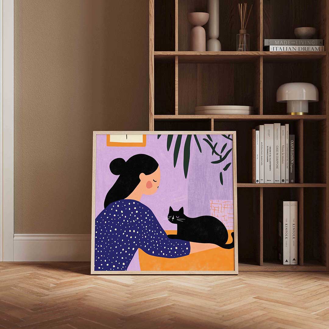 Vrouw met kat – moderne poster in vierkant formaat
