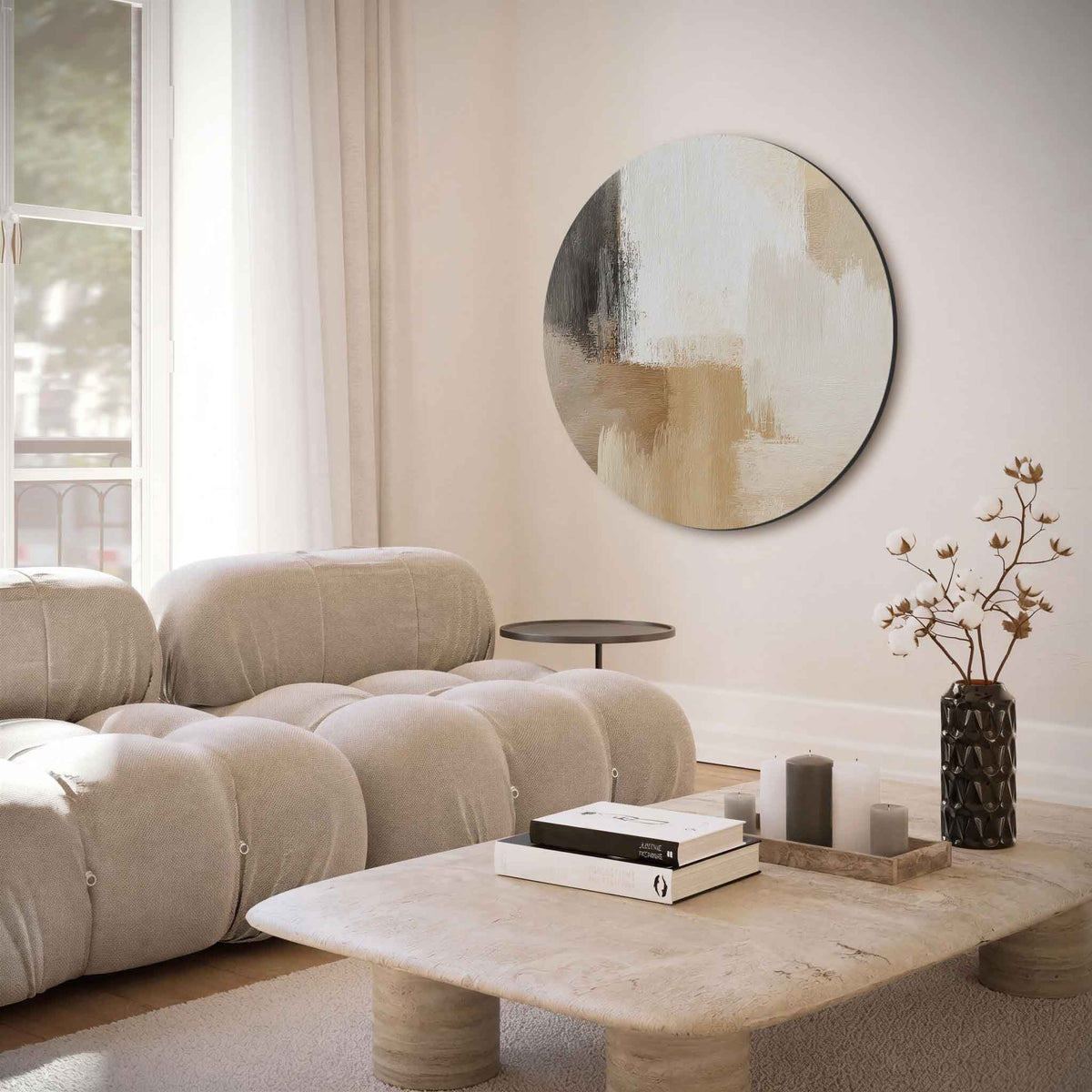 Abstracte beige – muurcirkel met abstracte texturen voor aan de muur