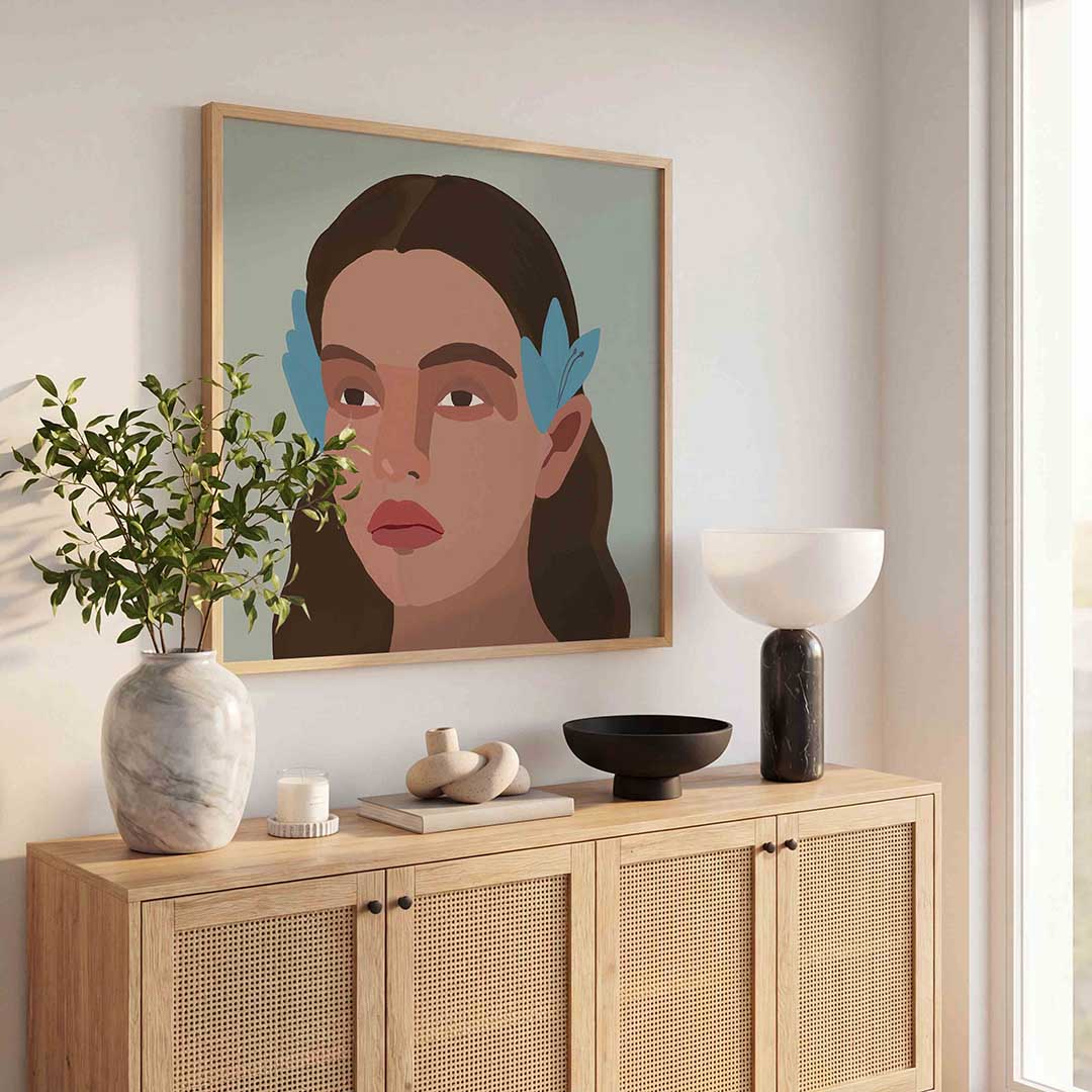 Portret met blauwe accenten – illustratie poster in vierkant formaat