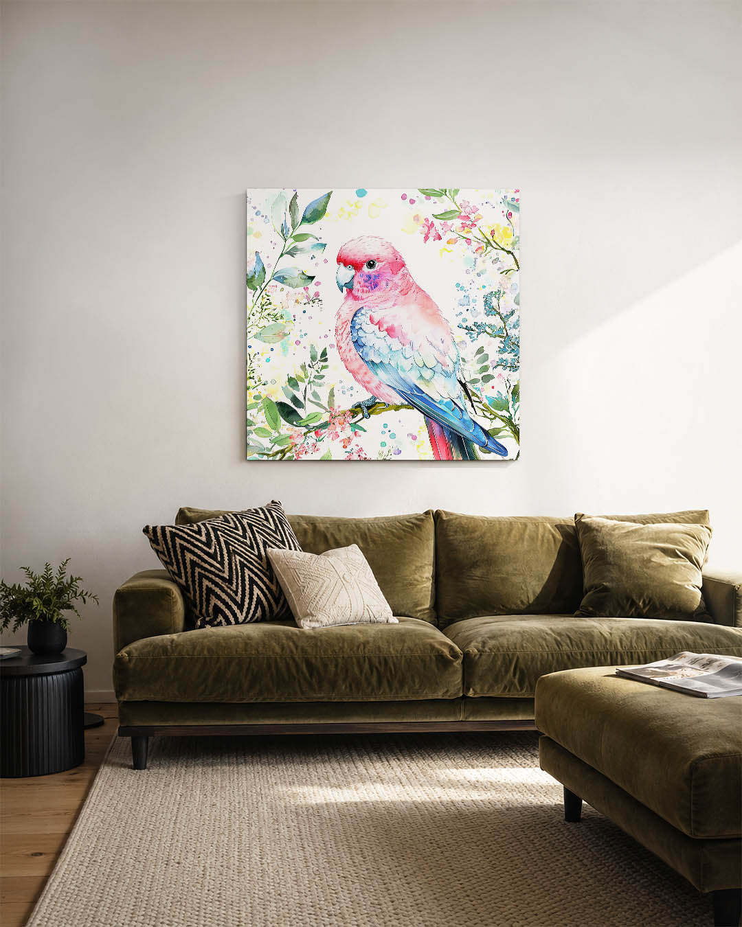 Vrolijke vogel illustratie kunstwerk – sfeerbeeld – dit werk toont een kleurrijke vogel omringd door bladeren en bloemen. De