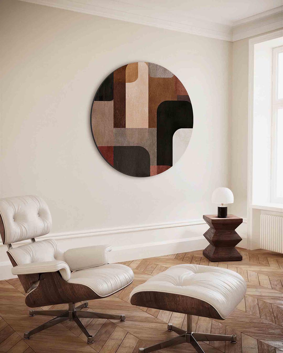 Abstracte vormen – moderne ronde wanddecoratie met vrouwelijk portret