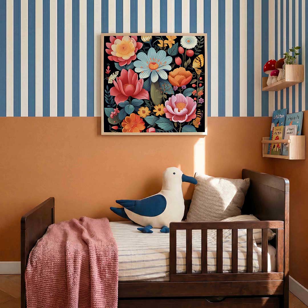 Bloemen en vlinders – kids poster in vierkant formaat