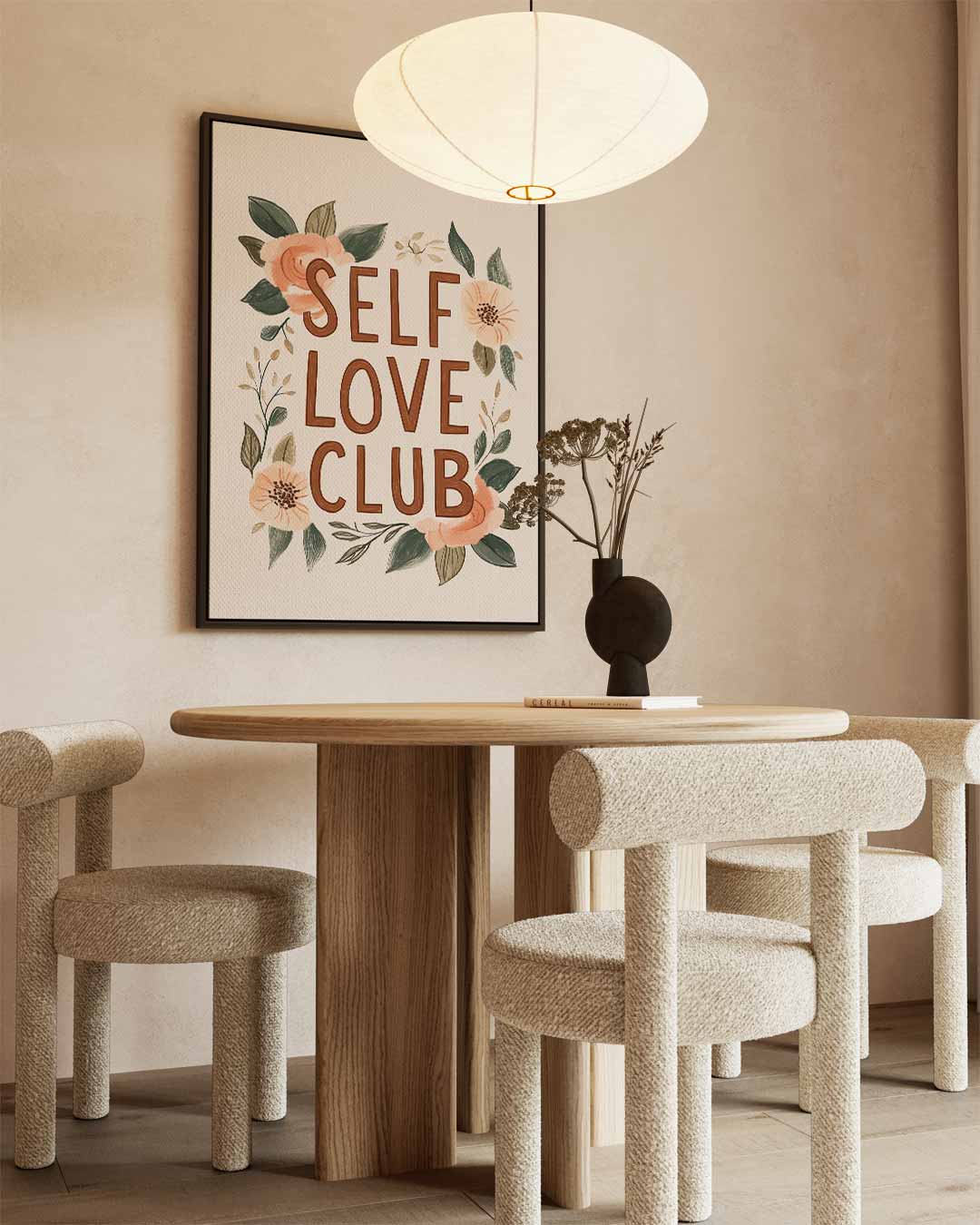 Zelfliefde Club Bloemenkunst – kunstwerk met zwarte baklijst