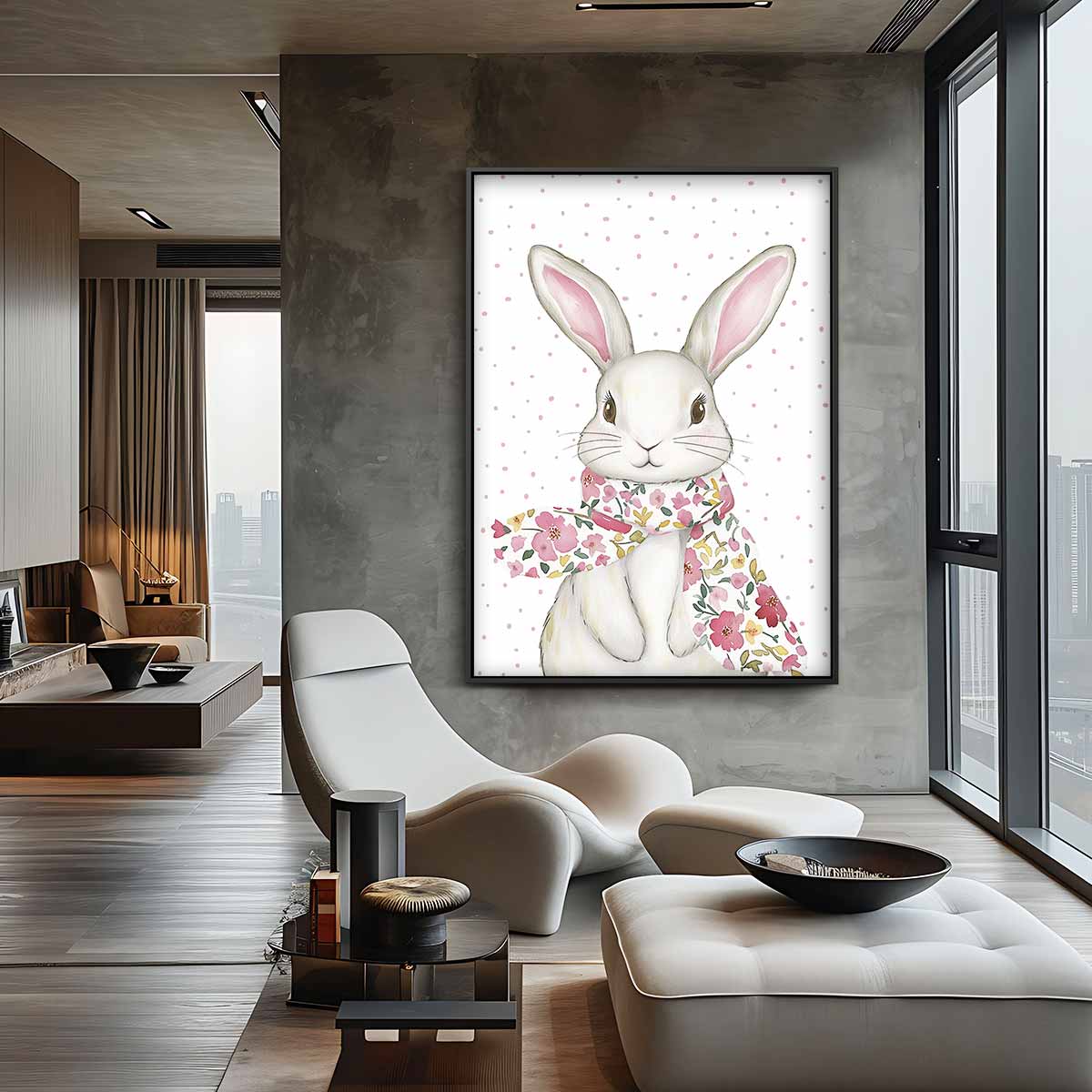 Schattige Bloemensjaal Konijn – canvas wanddecoratie in portret formaat