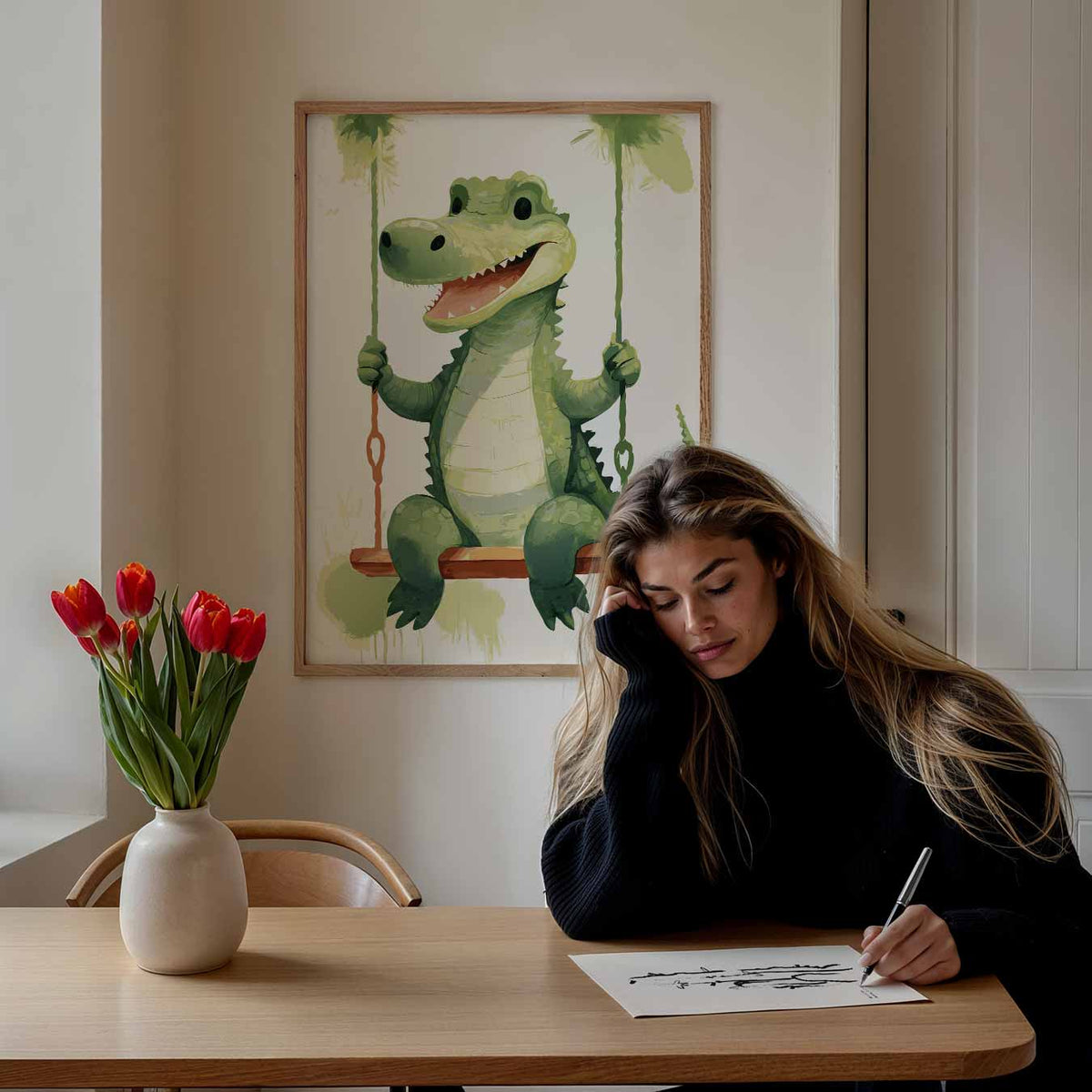 Krokodil op Schommel – staande muurposter voor de kinderkamer