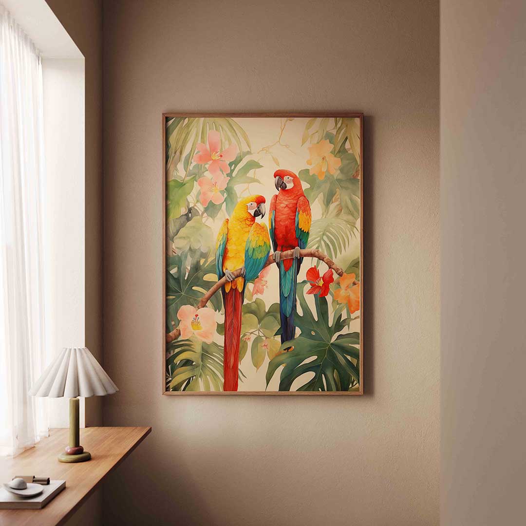 Papegaaien en bloemen – staande jungle wanddecoratie van WallArtistic