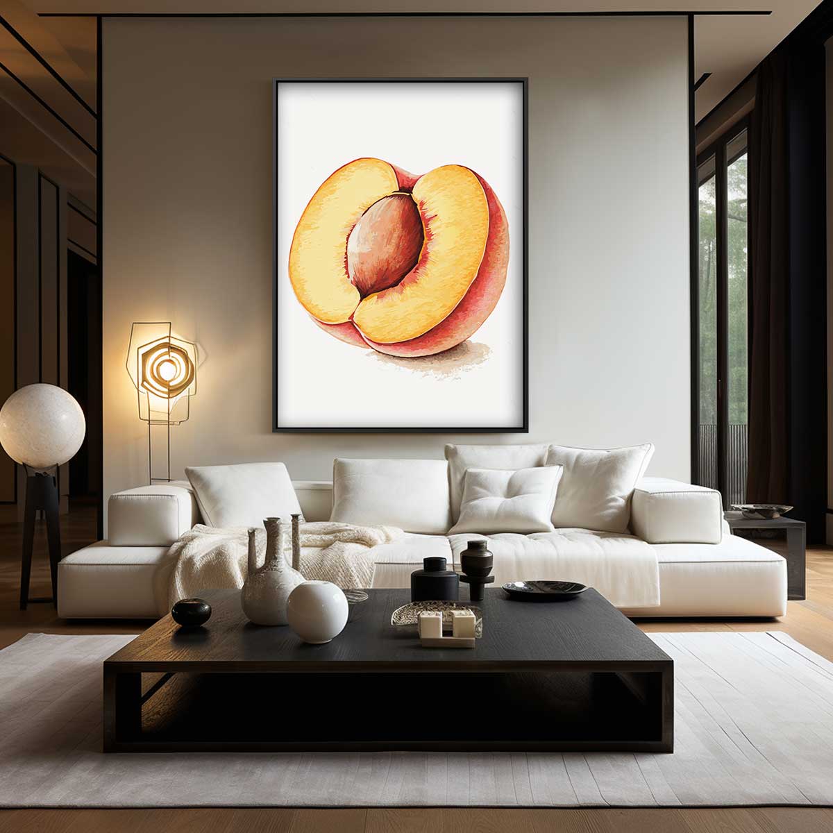 Kleurrijke Perzik Illustratie – kunstwerk met zwarte baklijst