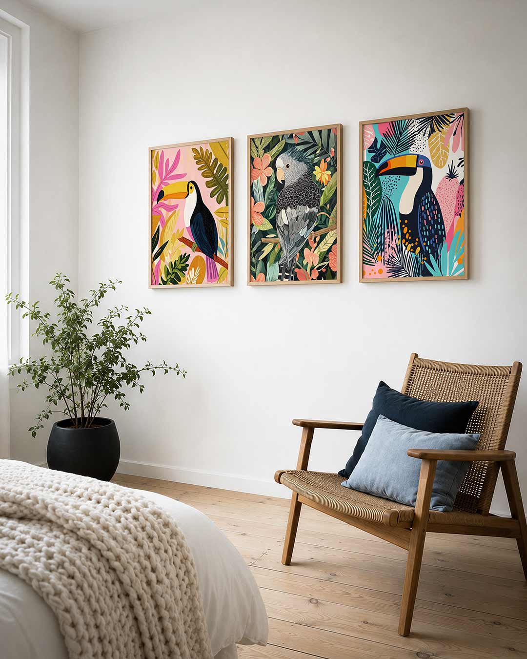 Tropische kleurvlakken posterset – derde productweergave – een speelse compositie met een toekan omringd door