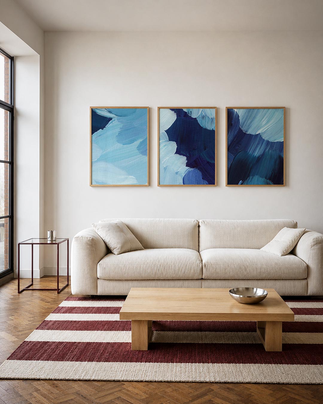 Blauwe vegen driedelige posterset – deze posterset in drie delen toont een spel van blauwe