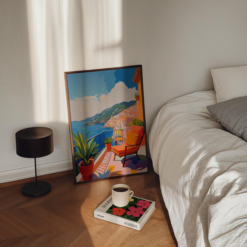 Droomuitzicht vanaf een Zonovergoten Balkon – staande zomer wanddecoratie van WallArtistic