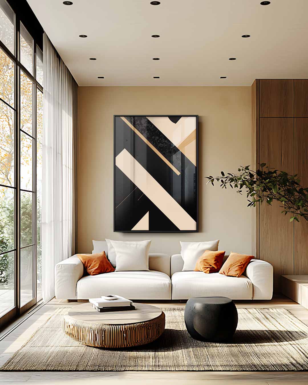 Abstracte Beige Lijnen op Zwart – staande wandkunst voor woonkamer of interieur