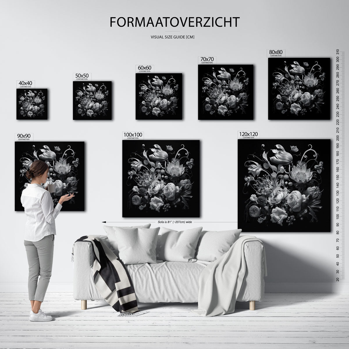Bloemen in zwart wit – vierkante muurposter met kleurrijke vormen