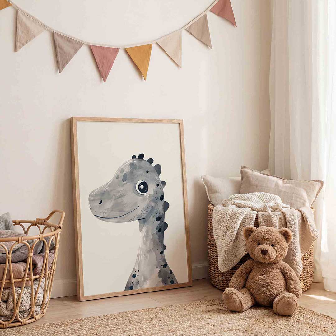 Dinosaurus glimlach – speelse wandkunst als portret kinderposter