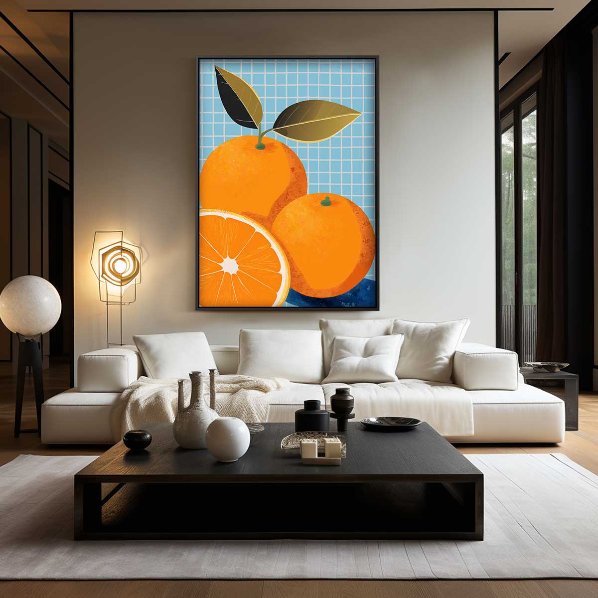 Vrolijke Sinaasappels op Blauw – kunstwerk met zwarte baklijst