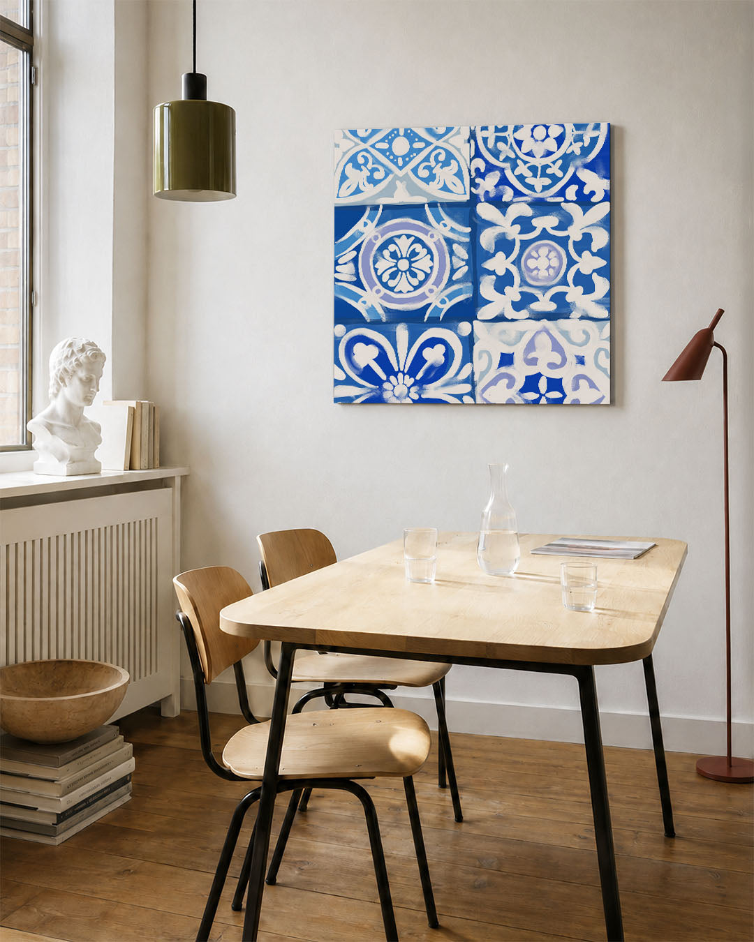Geometrische patronen kunstwerk – vierkante wanddecoratie – dit werk toont een reeks geometrische patronen in blauw en wit