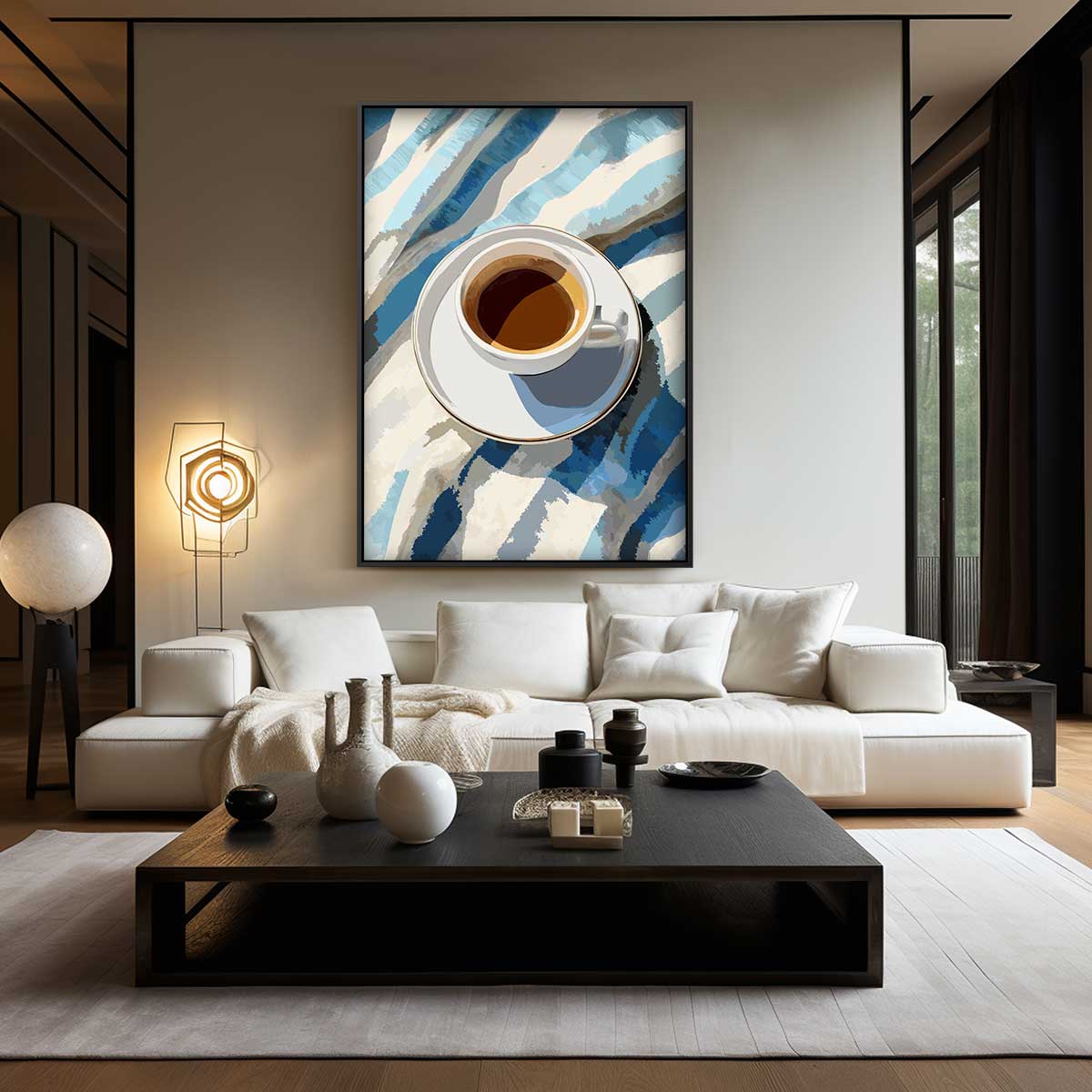 Koffiemoment in Blauwe Strepen – kunstwerk met zwarte baklijst