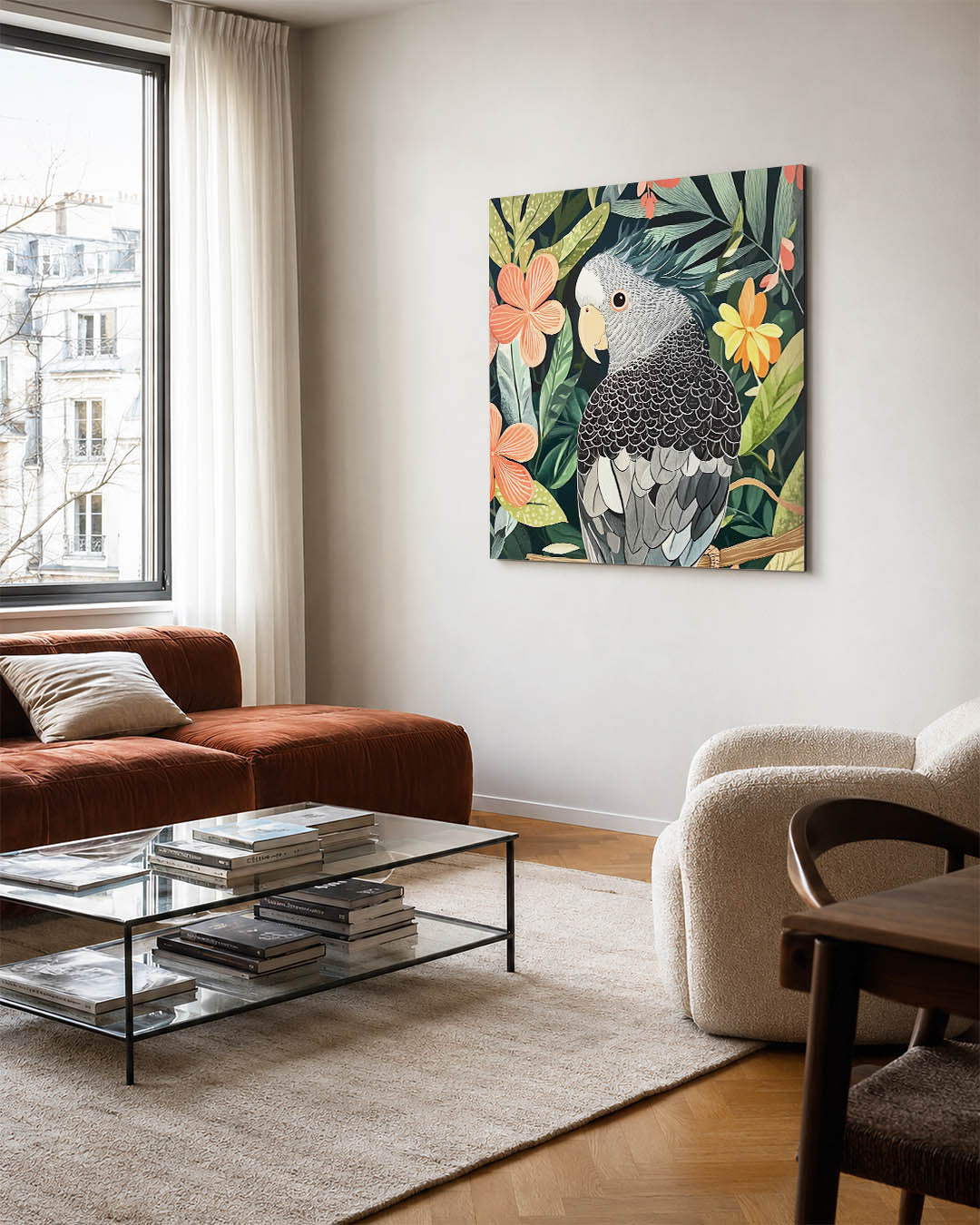 Vrolijke papegaai kunstwerk – vierkante wanddecoratie – dit kunstwerk toont een gedetailleerde papegaai omringd door