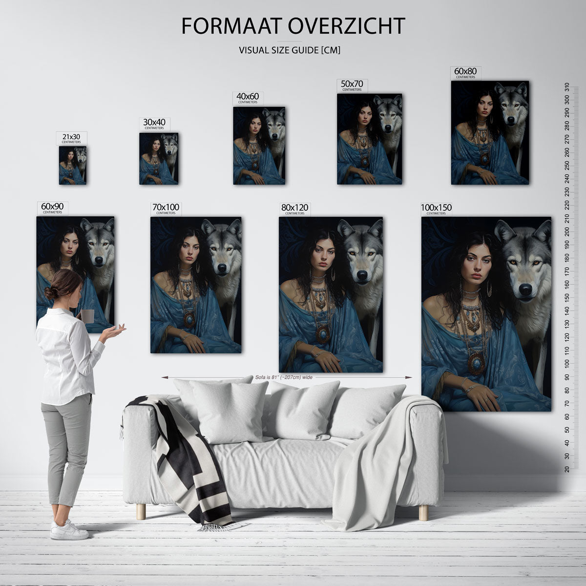 Vrouw en wolf – staande muurposter met botanisch thema