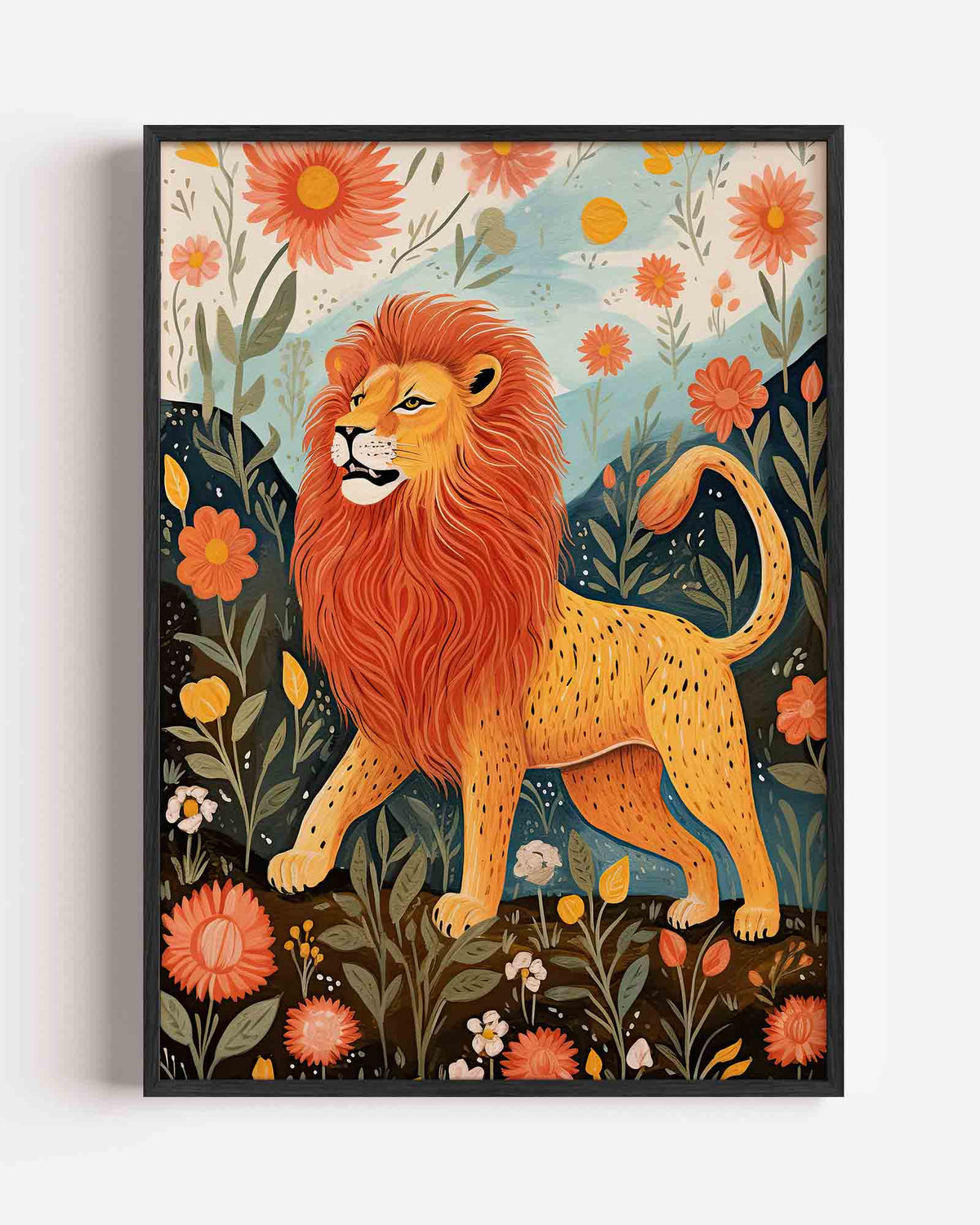 Leeuw tussen bloemen – kids portret poster als wanddecoratie