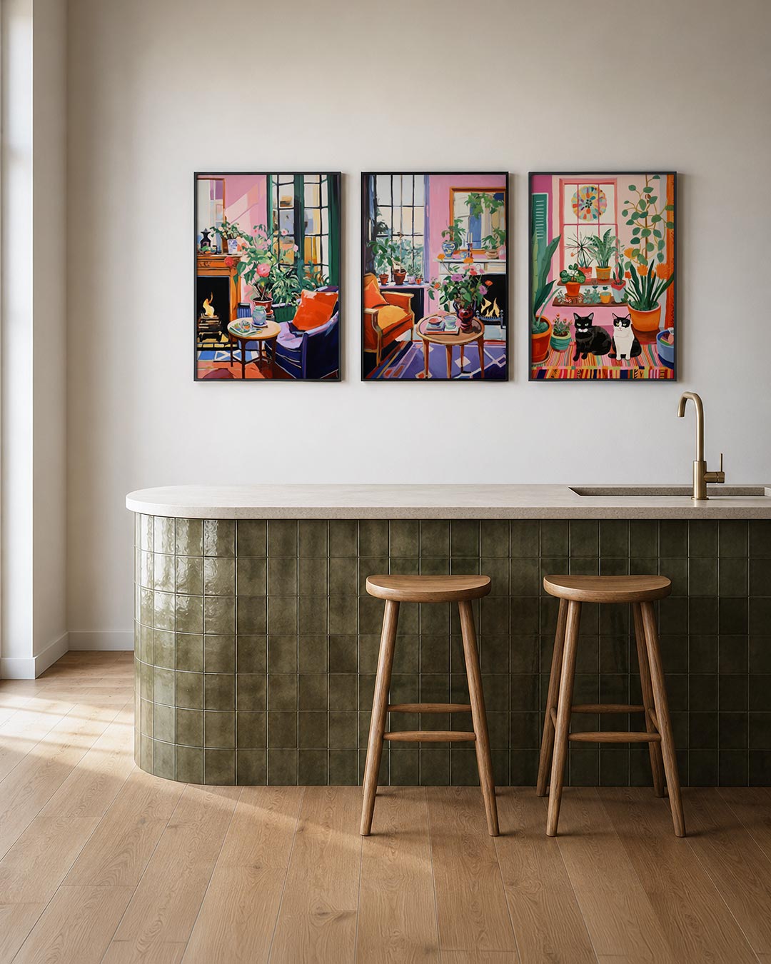 Kleurrijke interieurharmonie posterset – tweede productweergave – deze driedelige postercombinatie toont een levendig