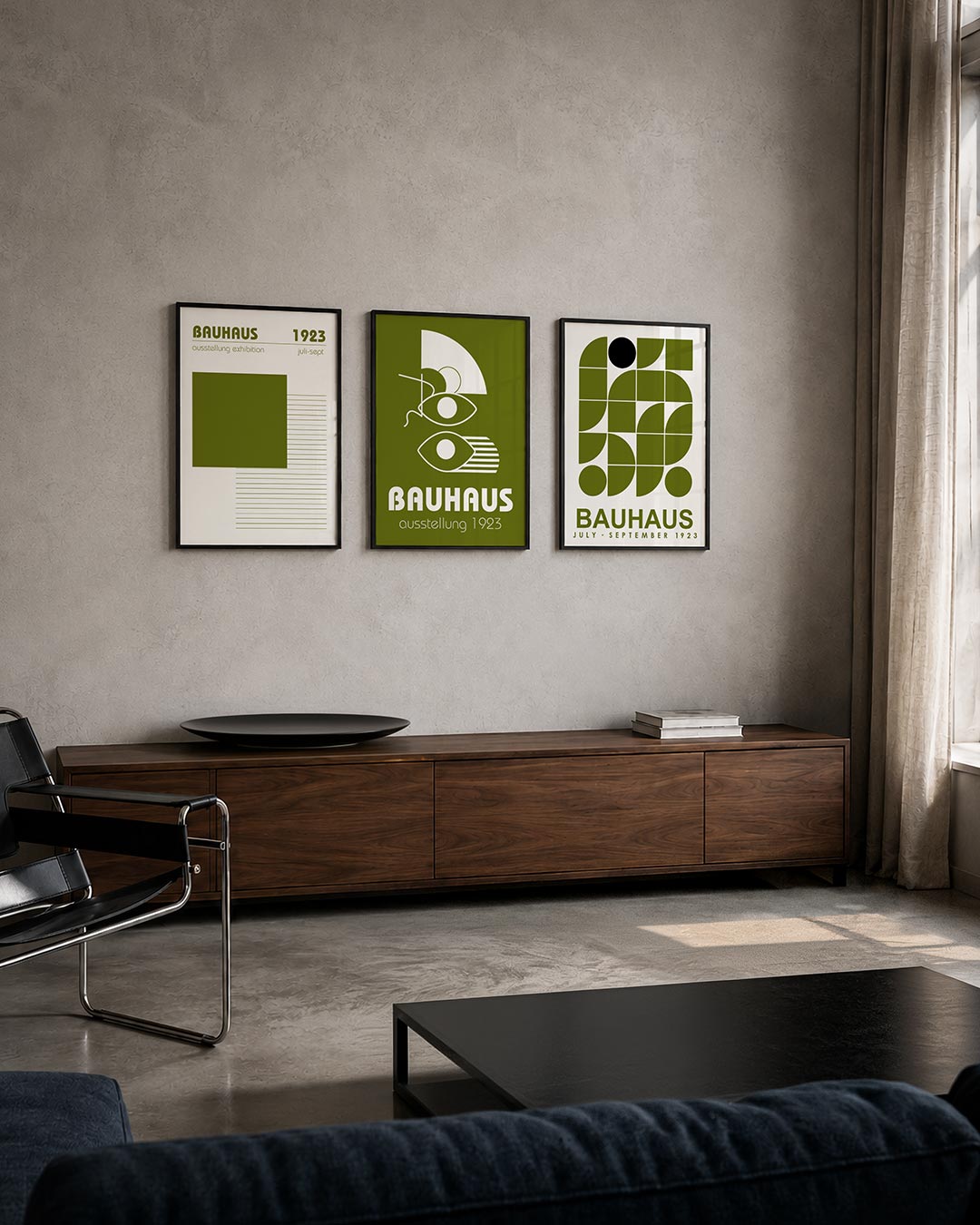 Vorm en lijnenspel posterset – tweede productweergave – deze posterset in drie delen toont een groot olijfgroen vierkant