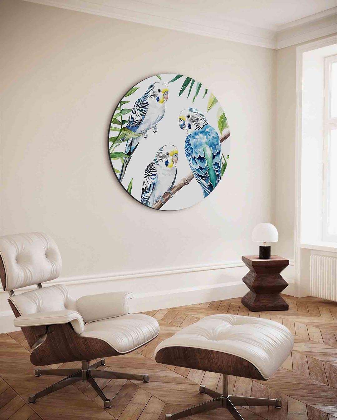 Parkieten en bladeren – kleurrijke ronde wanddecoratie van WallArtistic