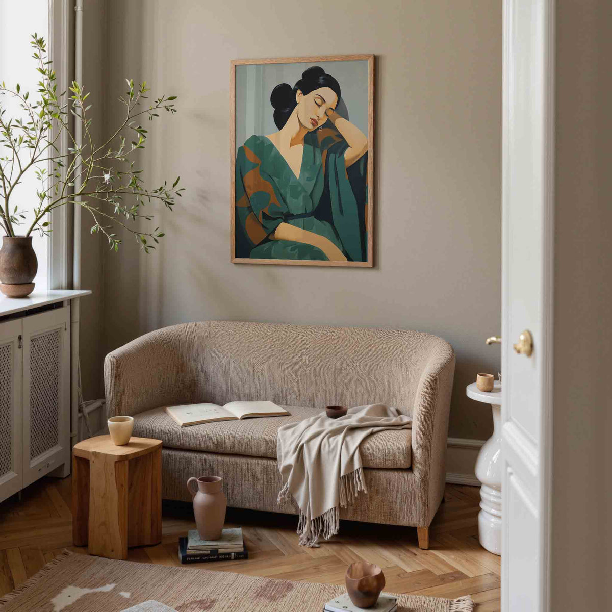 Vrouw in groene jurk – botanische poster in staand formaat
