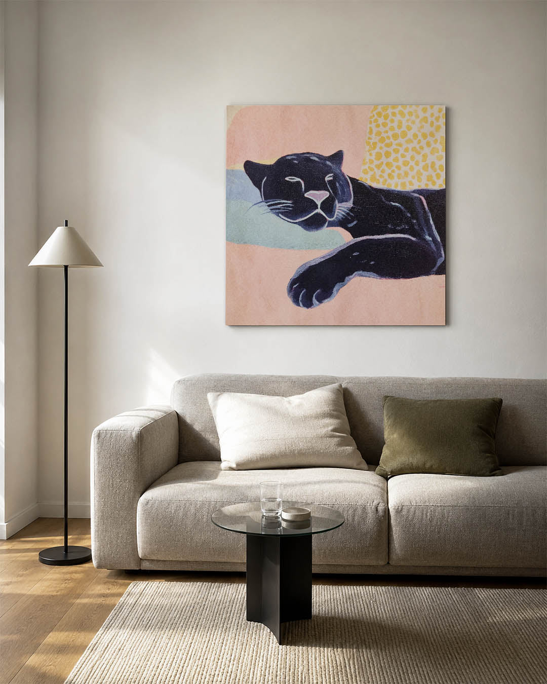 Dromerige panter kunstwerk – detailweergave – dit kunstwerk toont een ontspannen panter in een kleurrijke omgeving. De zachte