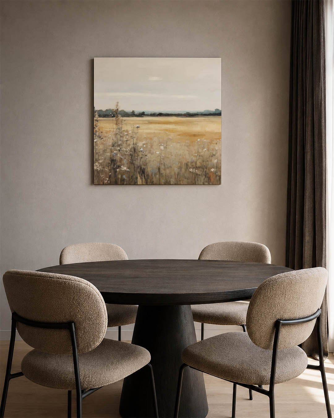 Rustig landschap kunstwerk – vierkante wanddecoratie – dit werk toont een uitgestrekt veld met zachte kleuren en subtiele