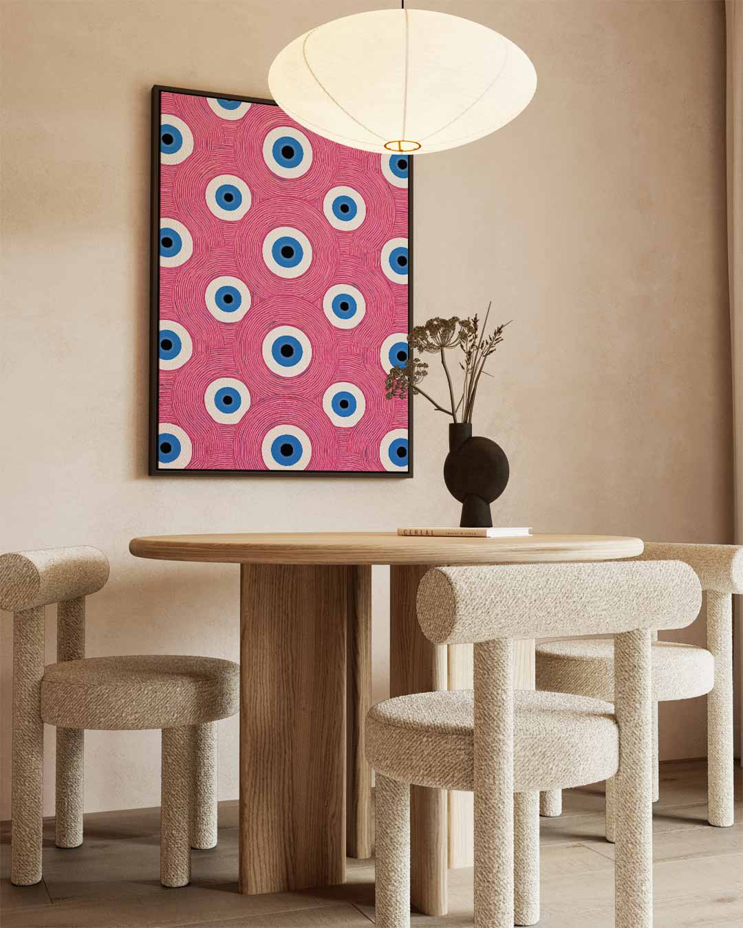 Ogenpatroon in Kleurrijke Herhaling – kunstwerk met zwarte baklijst