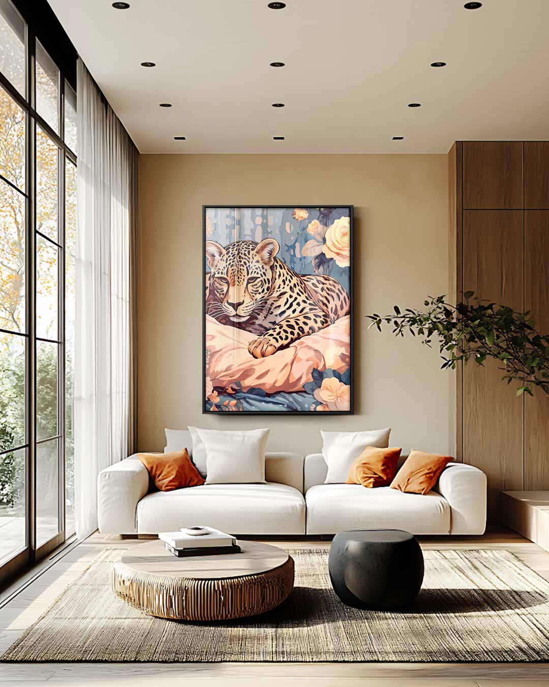 Luipaard in Bloemenpracht – staand kunstwerk voor modern interieur