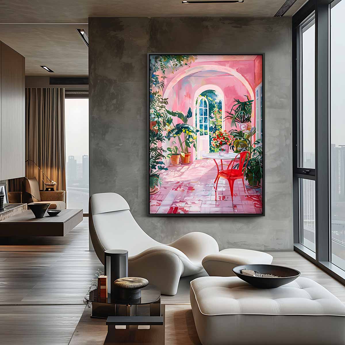 Roze Dromerige Tuinserre Schilderij – staande wandkunst voor woonkamer of interieur