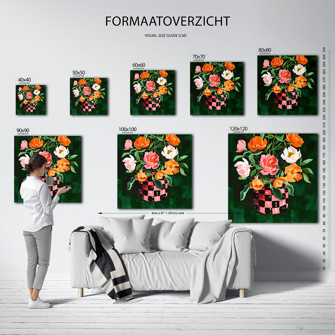 Bloemrijke compositie kunstwerk – sfeerbeeld – dit kunstwerk toont een levendig boeket bloemen in een vaas met een opvallend