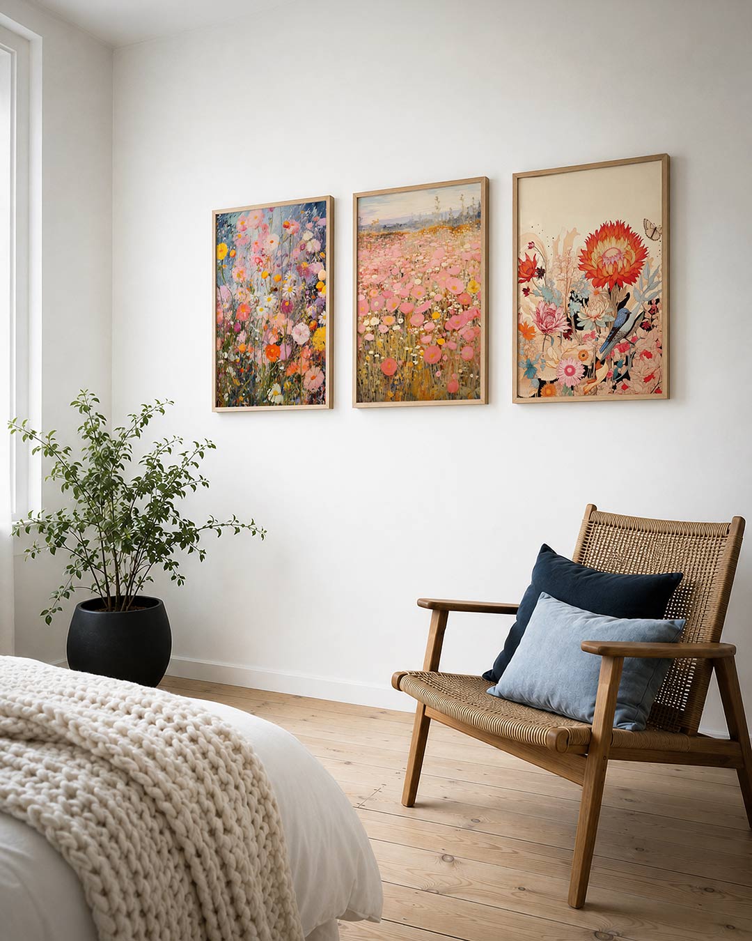 Bloemenexplosie posterset – derde productweergave – deze kleurrijke bloemenzee toont een levendig spel van