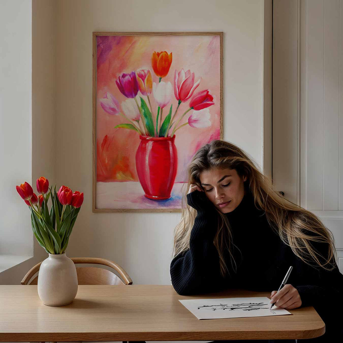 Vrolijke Tulpenvaas – bloemen poster als moderne staande wanddecoratie