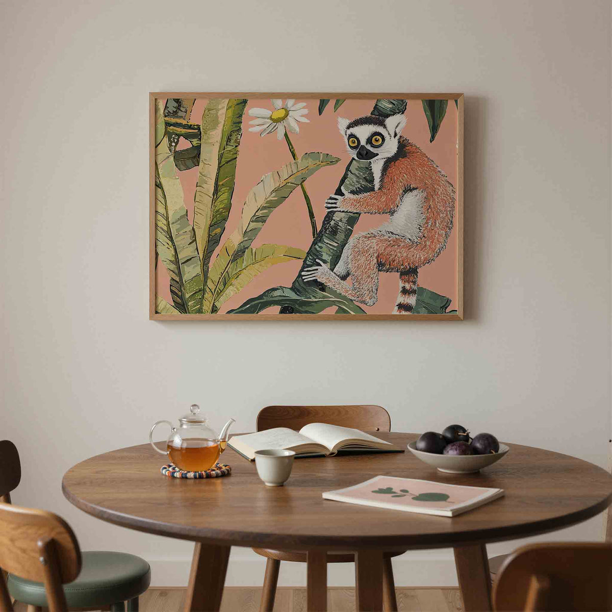 Lemur en bladeren – liggende jungle wanddecoratie van WallArtistic