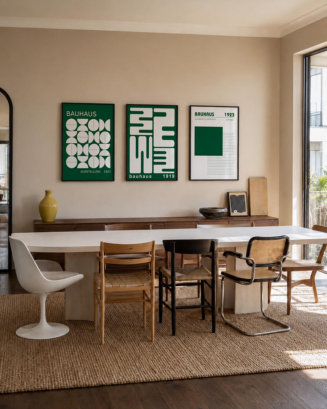 Vormenspel en ritme posterset – tweede productweergave – deze posterset in drie delen toont een speelse ordening van witte