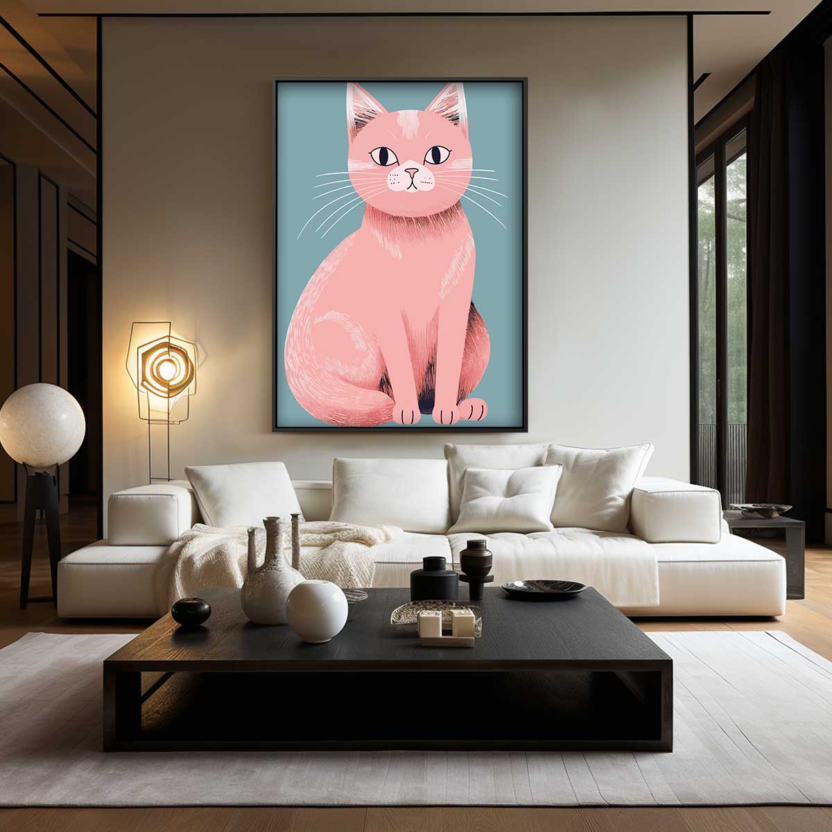 Roze Kat Illustratie – kunstwerk met zwarte baklijst